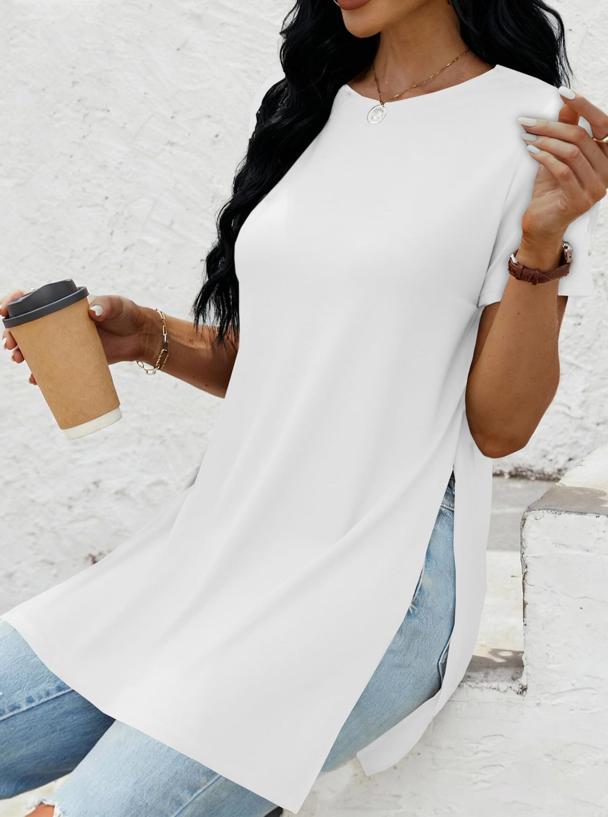 Remidoo Women's Side Slit Tunic Tops Crewneck Short Sleeve Tee Loose Fit Long T Shirt White X-Large