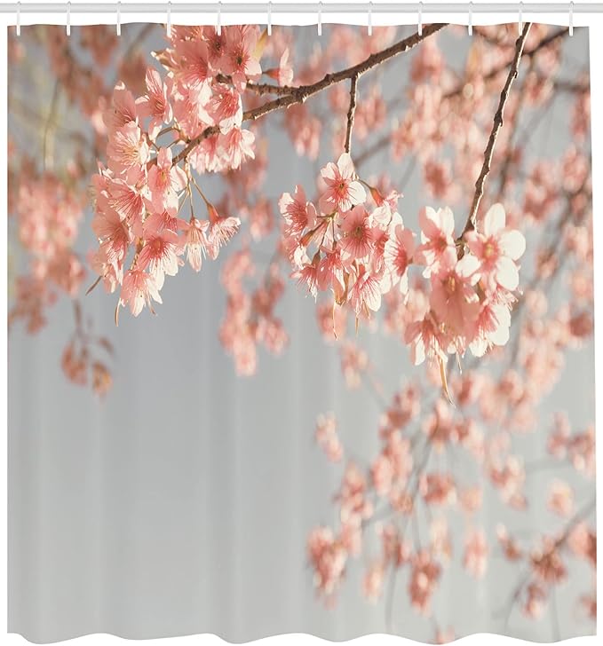 Ambesonne Peach Shower Curtain, Japanese Scenery Sakura Tree Cherry Blossom Nature Photography Coming of Spring, Cloth Fabric Bathroom Decor Set with Hooks, 69" W x 70" L, Bluegrey Coral