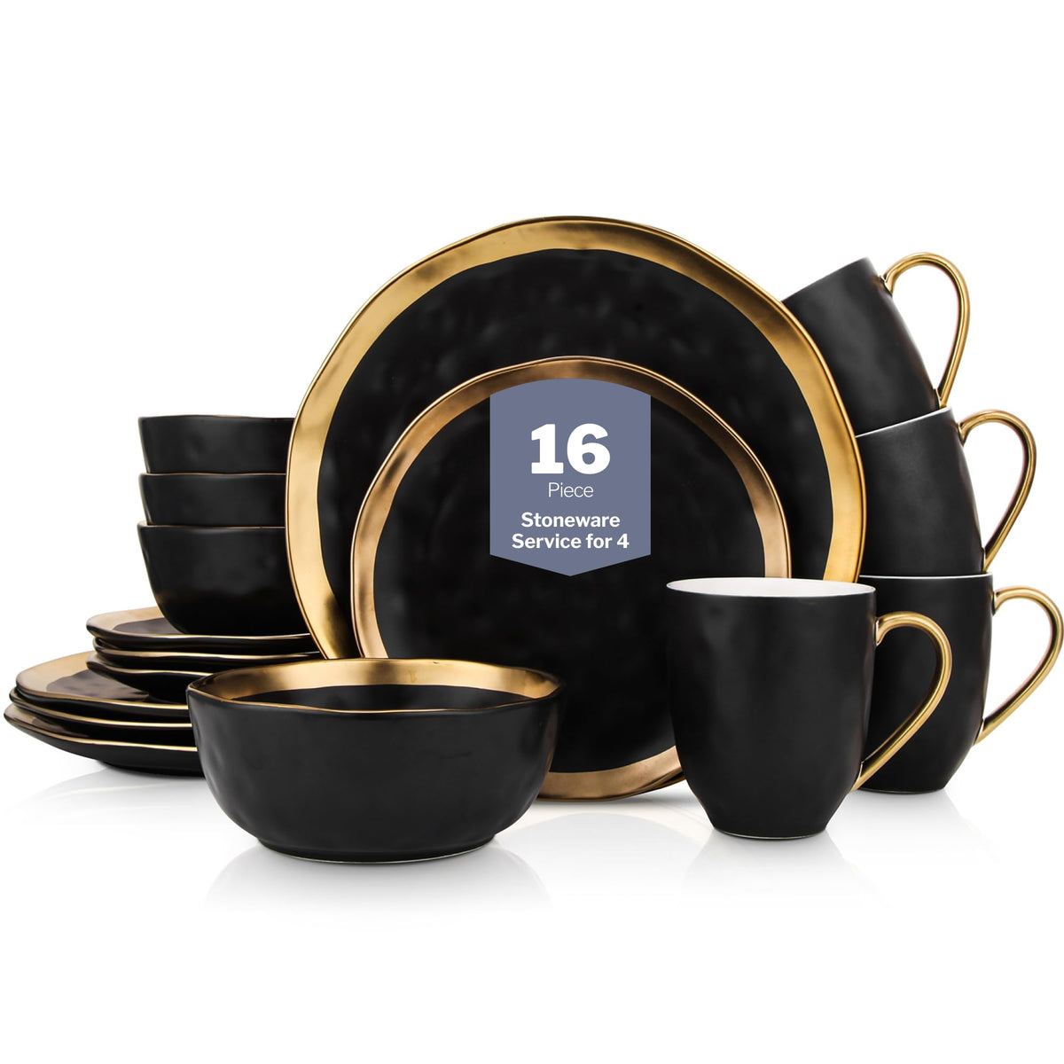 Stone Lain Porcelain 16 Piece Dinnerware Set, Service for 4, Blue and Golden Rim, Dark Blue