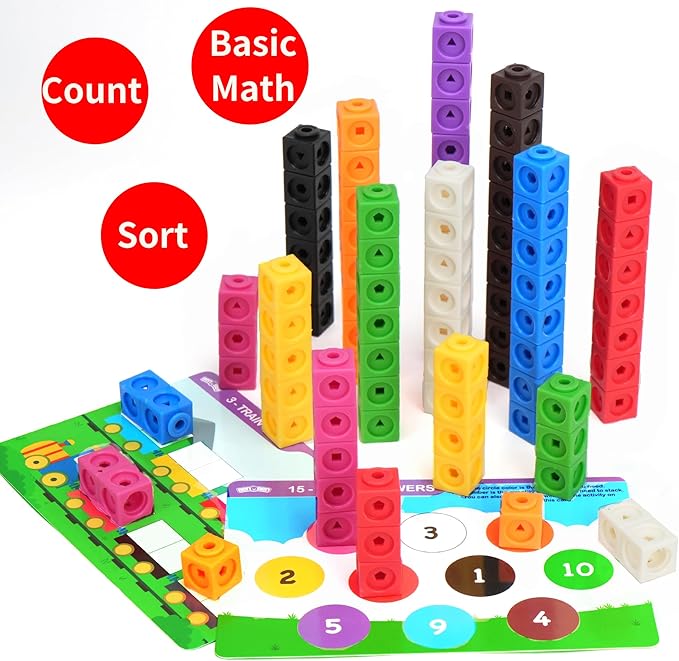 BenBen 100 pcs Math Cubes, 15 Activity Cards, Number Counting Blocks, STEM Educational Toy Gift, Homeschool Preschool Kindergarden Math Learning Supplies for Kids Ages 3-8