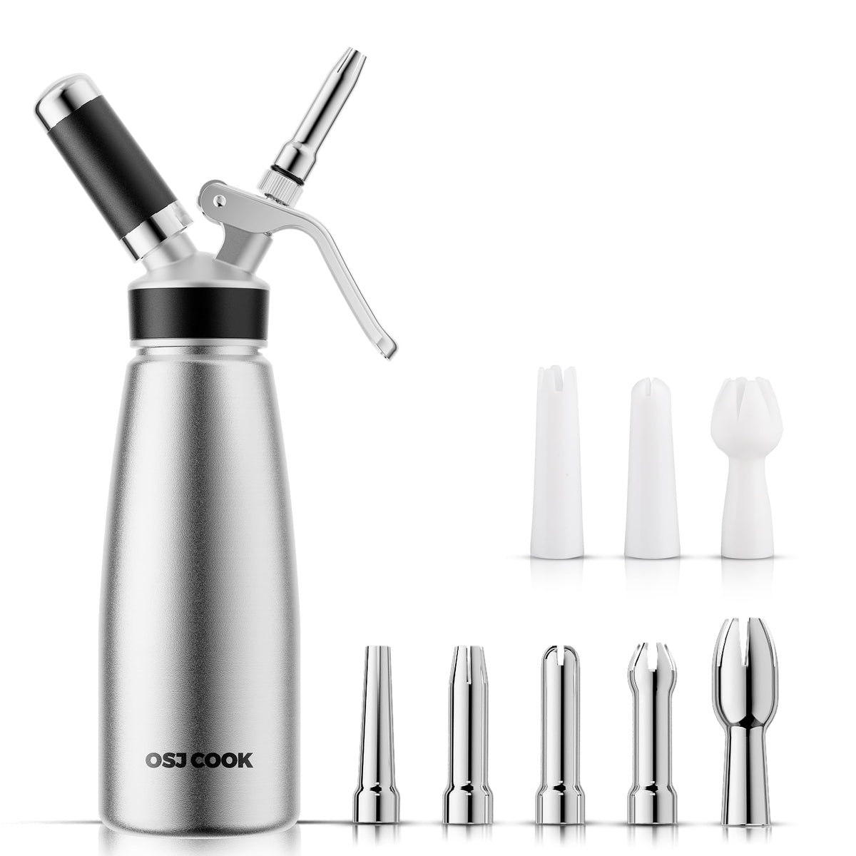 OSJCOOK Whipped Cream Dispenser Stainless Steel Cream Whipper Mirror Finish,500 mL/1 Pint Professional Cream Maker,5 Various Stainless Decorating Nozzles,1 Cleaning Brush,N2O Chargers NOT included