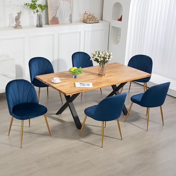 Velvet Dining Chairs Set of 2, Upholstered Mid Century Modern Dining Chairs, Armless Accent Chair with Metal Gold Legs for Living Room, Kitchen, Dining Room, Blue