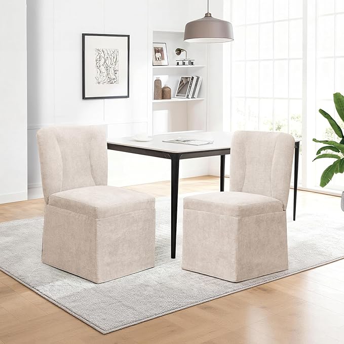 Upholstered Dining Chairs Set of 2, Kitchen Table Chairs, Modern Dining Room Chairs with Metal Frame & Linen Fabric, Beige