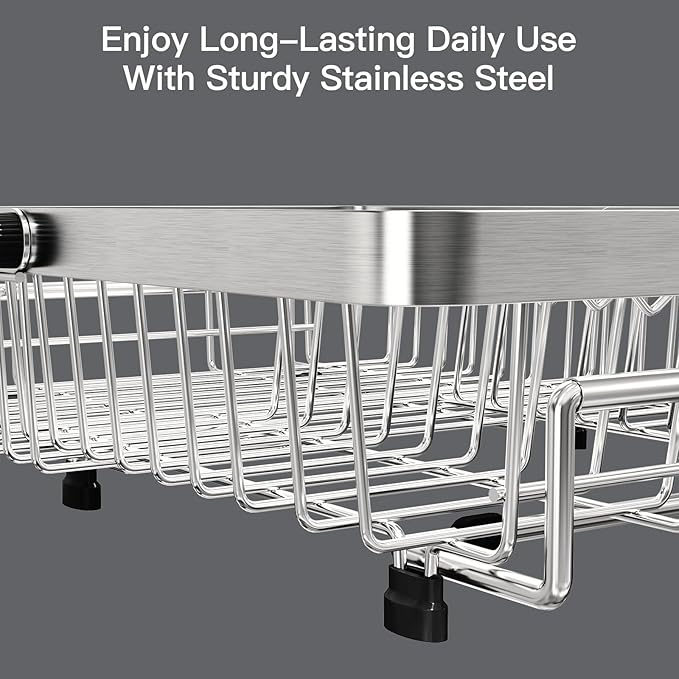 MAJALiS Expandable Stainless Steel Over The Sink Dish Drying Rack for Small Kitchen Counter Space Saving, Compact RV Plate Drainer Strainer in Silver Wire Metal with Hanging Adjustable Utensil Holder