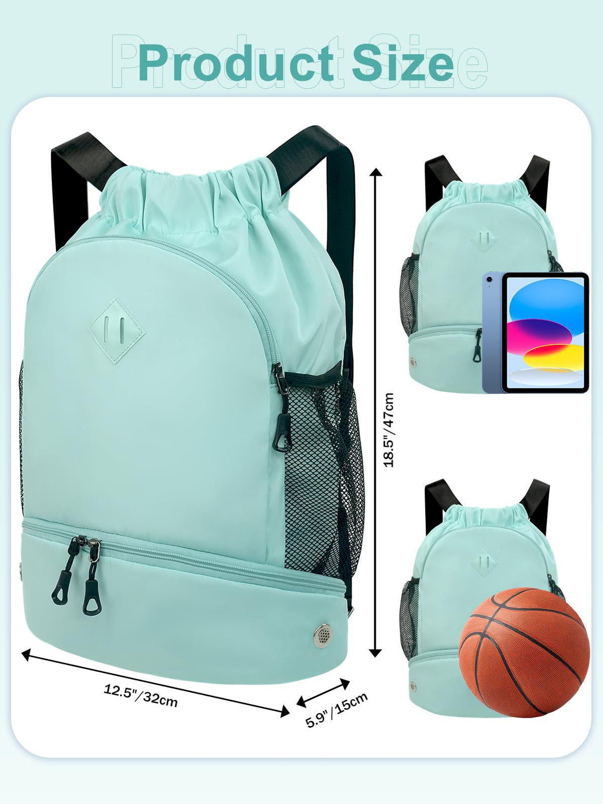 RHDZO Drawstring Backpack Gym Backpack with Shoe Compartment for Men Women String Sports Bag with Wet Pocket Cinch Swim Beach Bag, Large Mint Green