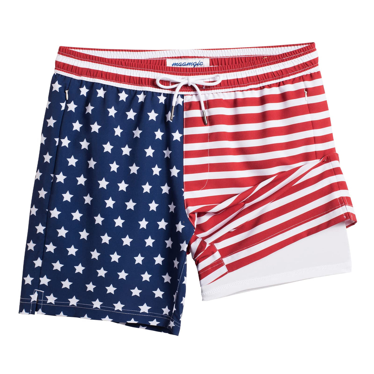 maamgic 2 in 1 Mens Swim Trunks 7 Inch Swim Shorts Swim Suits Board Shorts American Flag