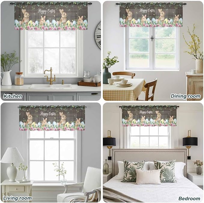 Easter Sheer Valances for Windows 42"x12", Light Filtering Kitchen Curtains