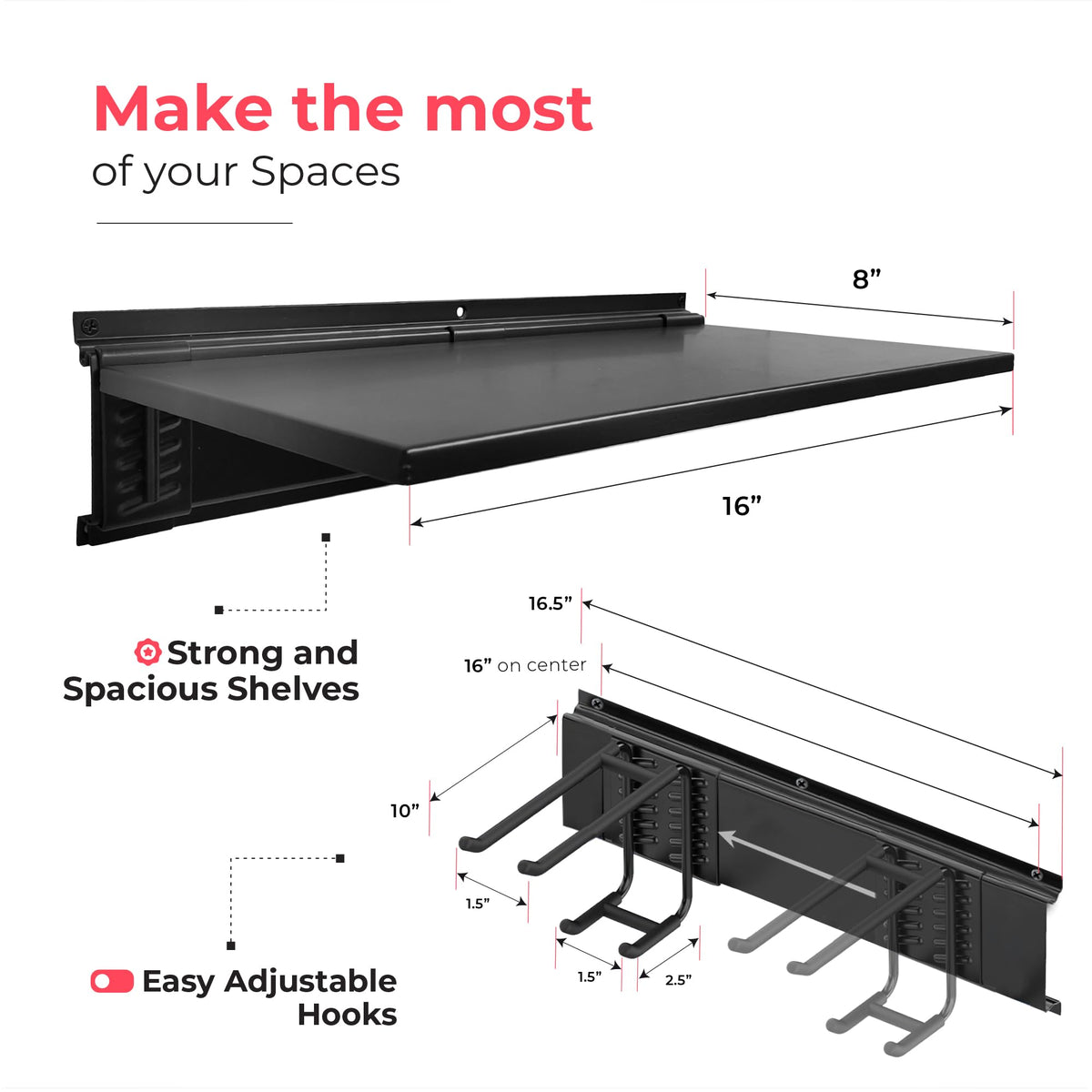 TIDYME Garage Tool Organizer Wall Mount | 48-Inch Garage Wall Organizer & Folding Chair Rack | Heavy-Duty Tool Hanger System | 9-Piece Kit with 3 Steel Rails & 6 Adjustable Hooks | 300 lbs Capacity