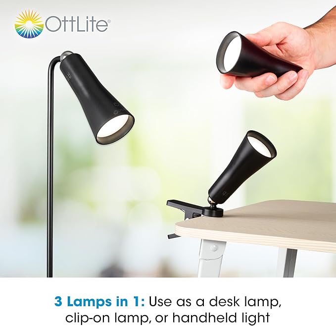 OttLite 3-in-1 Rechargeable Task Lamp - ClearSun LED Technology - Dimmable Touch Control for Work, Study & Reading