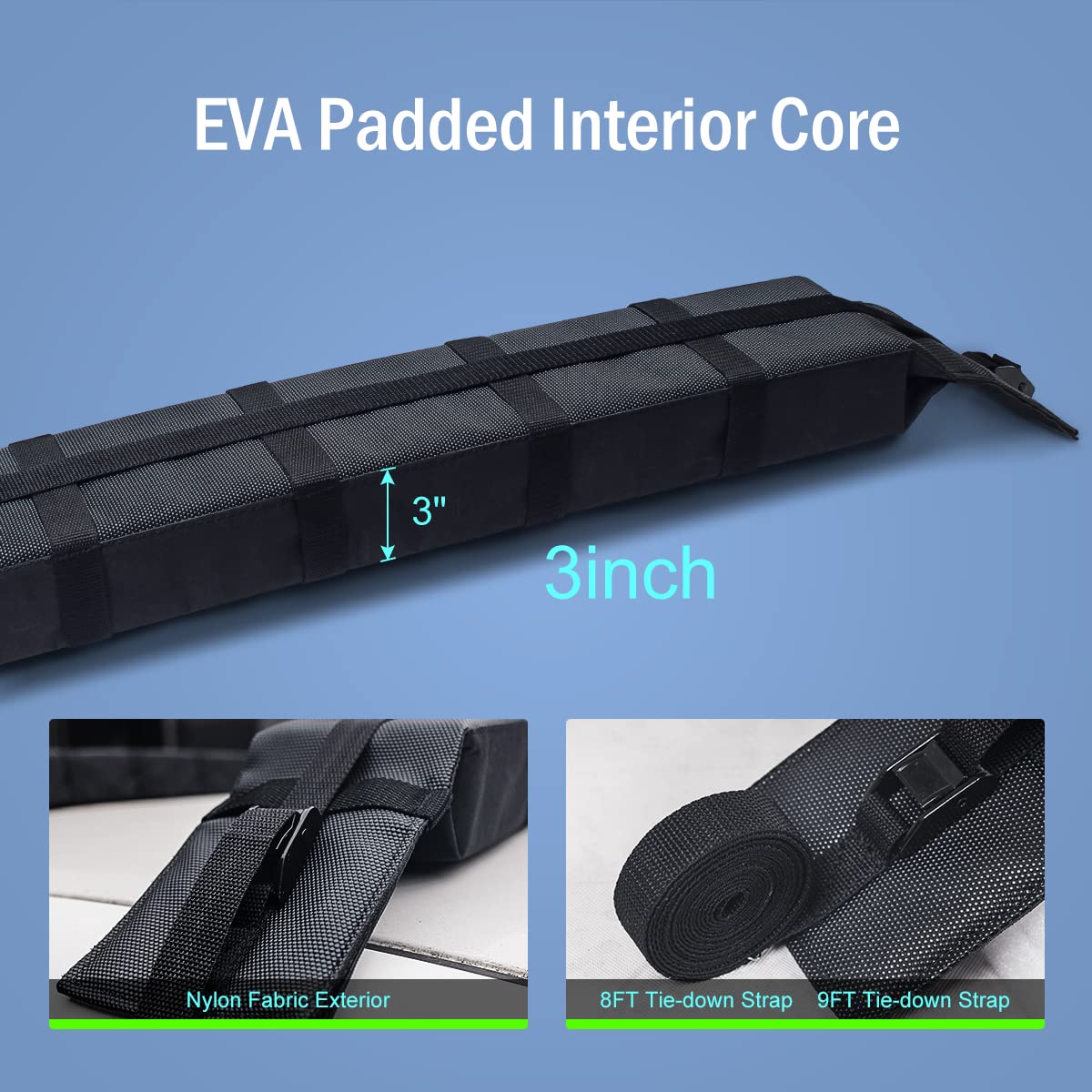 WOOWAVE Premium Kayak Roof Rack Pads Universal Soft Car Roof Rack Carrier for Canoe/Surfboard/Paddleboard/SUP/Snowboard with 6 Tie Down Straps, 2 Tie Down Rope, 2 Quick Loop Strap and Storage Bag