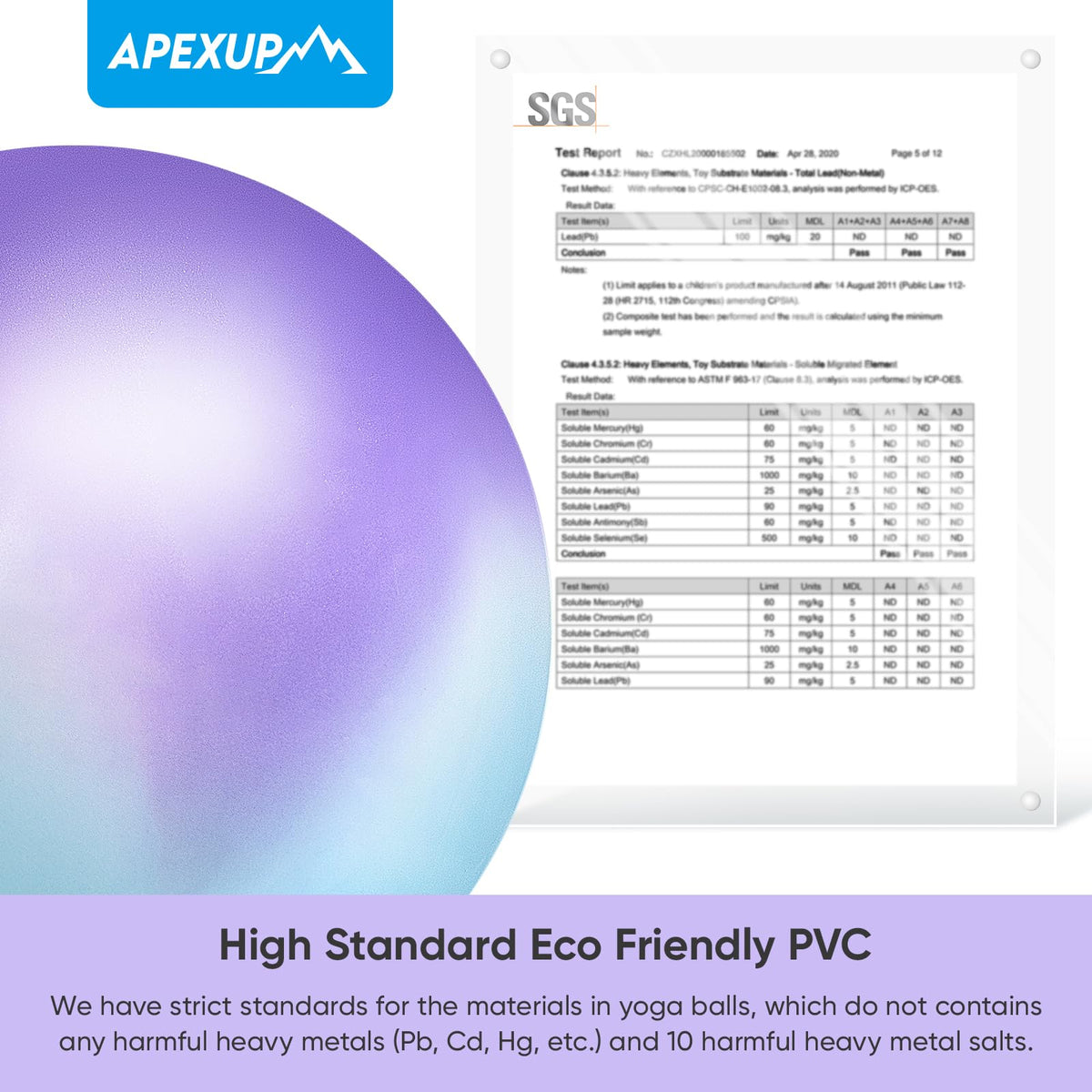 APEXUP Yoga Ball, 660 lbs Anti-Burst Exercise Ball with Pump, 5 Sizes (M (19"~22") 55cm, Blue Purple)