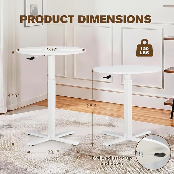 Round Bar Table, Adjustable Height and Rolling Small Dining Table, Dual-Use Cocktail Table with Removable Casters for Bar, Bistro, Café(White), Set of 1