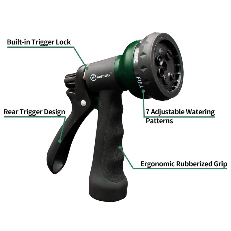 AUTOMAN-Garden-Hose-Nozzle, ABS Water Spray Nozzle with 7 Adjustable Watering Patterns, Slip Resistant for Watering Plants, Lawn& Garden, Washing Cars, Cleaning, Showering Pets & Outdoor Fun.