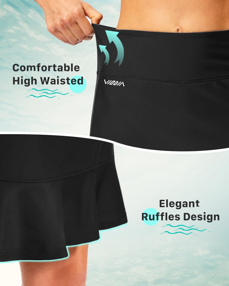 Viodia Women's 20'' Long Swim Skirt High Waisted Ruffle Skort Modest Swimsuits Knee Length Bottoms Tankini with Skirts Black L