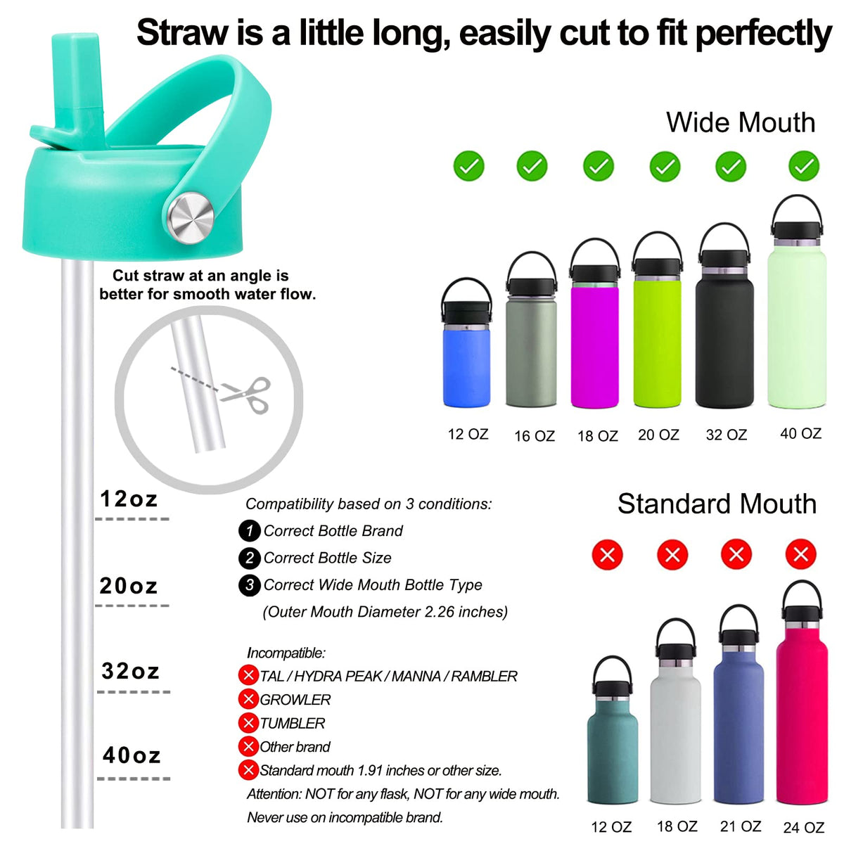 Straw Lid for Hydro Flask Wide Mouth Water Bottles, Top Lids with Straw Compatible with Hydro Flask 32 40 oz, Replacement Cap Wide Mouth Straws Flip Lid Flex Handle (Mint)