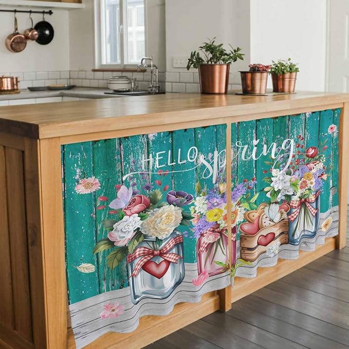 Spring Flowers Tier Curtains, Farmhouse Watercolor Teal Wood Grain Light