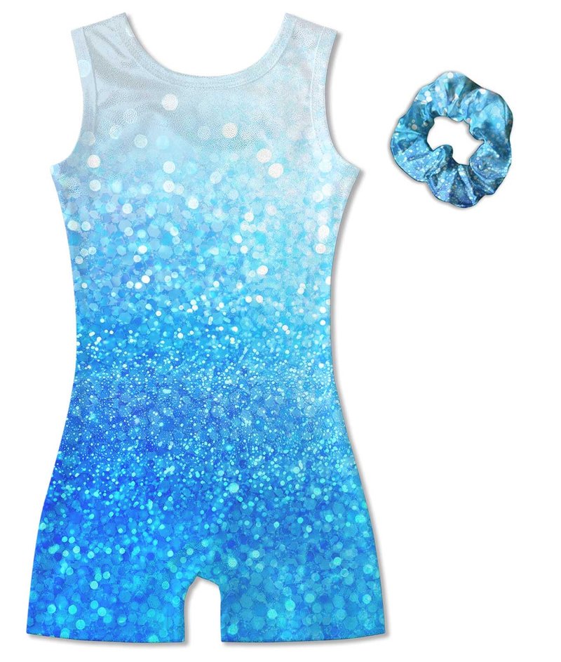 Vogseek Sparkly Gymnastics Leotards for Girls 5 6 Years Cute White Blue Shiny Dots Ballet Dance Unitards Biketards with Hair Scrunchie Kids Tumbling Shorts Activewear Clothes, Blue