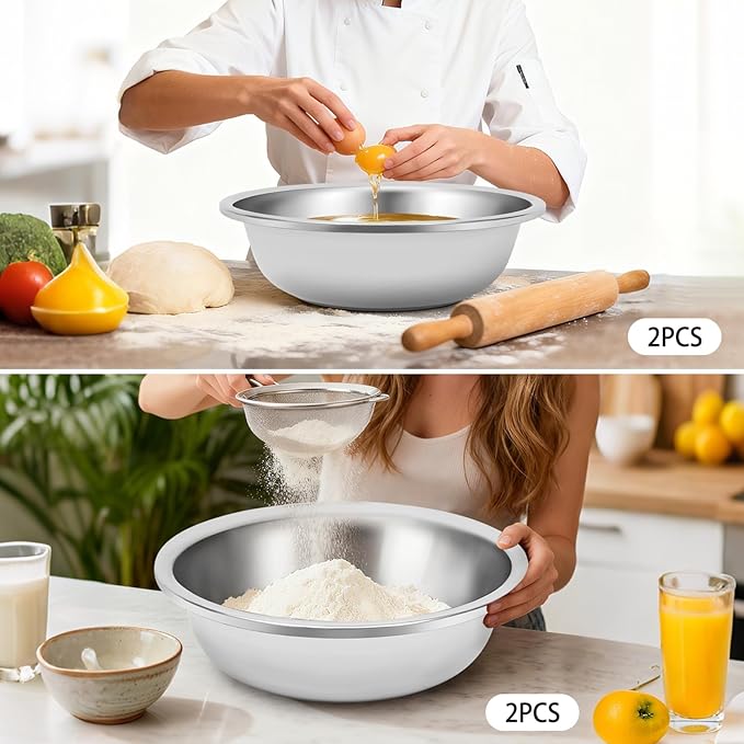 2 Pcs Stainless Steel Mixing Bowls, 18.9x5.91/16.93x5.91 In Large Stainless Steel Mixing Bowl Efficient Cleaning Salad Bowls Ideal for Tossing Salads Kneading Dough Marinating