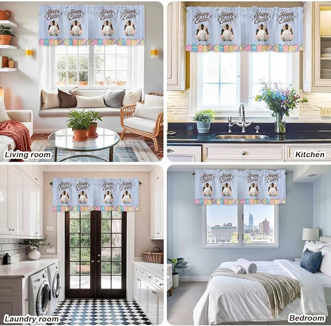 Blue Easter Curtain Valances for Windows, Kitchen Valance Window Treatment