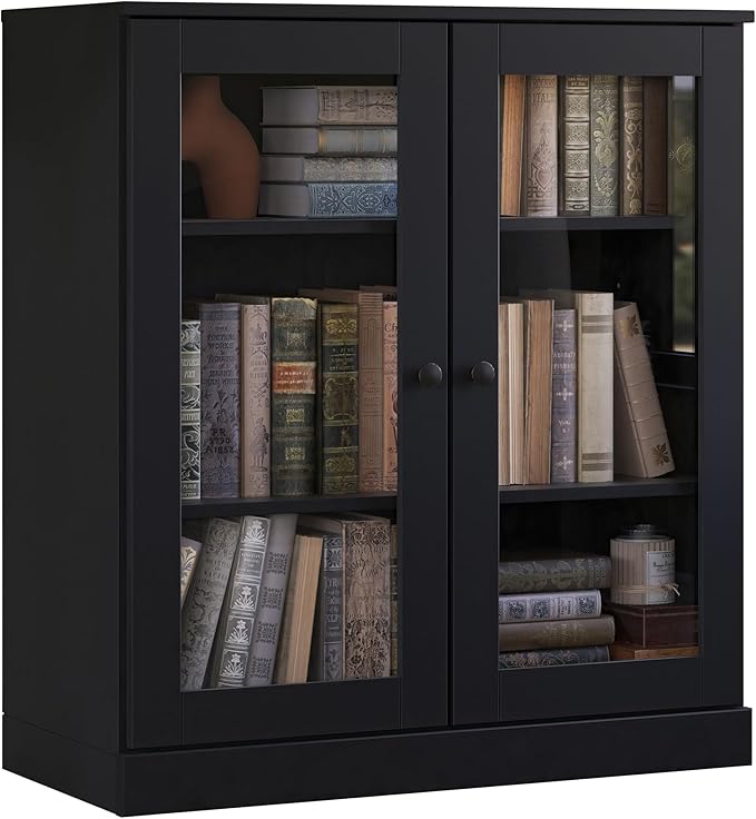 Palace Imports Solid Wood Bookcase - Floor Standing Bookshelf - 32” W - Display Furniture, Renewable 100% Eco-Friendly Wood, Made in Brazil (Black, Clear Glass Doors | 3-Shelf Short Bookcase)