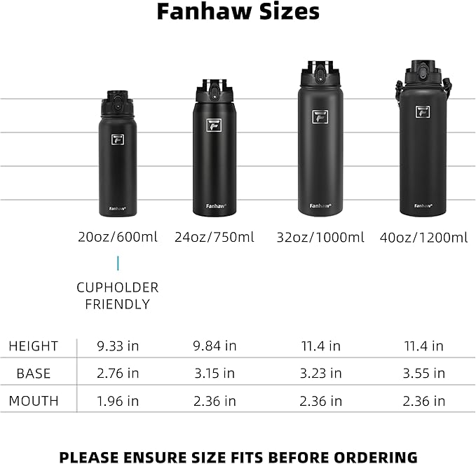 Fanhaw 20 oz Insulated Stainless Steel Water Bottle with Anti-Dust Chug Lid, Leakproof Vacuum Metal Bottle for Kids, Women & Men (Gray)