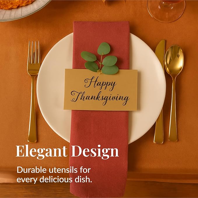 Prestee 120 Cutlery Set - Gold Plastic Silverware Set of 40 Forks, 40 Spoons, 40 Knives - Heavy Duty Plastic Utensils and Disposable Flatware - Elegant Knives Spoons and Forks Set for Events