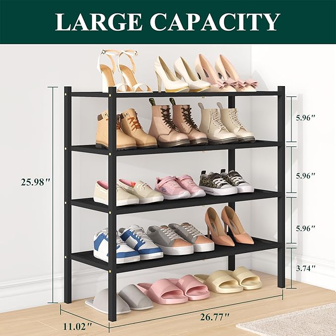 Smiry Bamboo Shoe Rack, 4 Tier Shoe Organizer for Entryway & Closet, Stackable Free Standing Storage Shelf for Shoes, Bags & Plants, Black