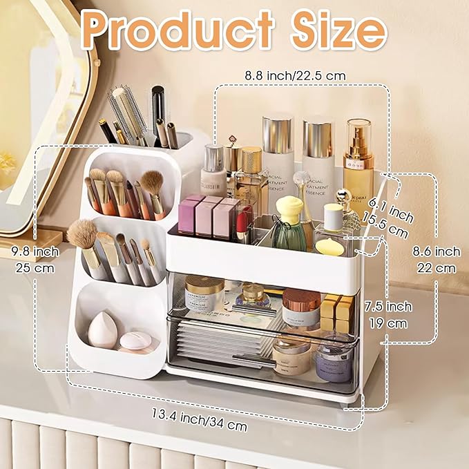 Makeup Organizer with Drawers for Vanity, Countertop Brush Holder, Counter Skincare Cosmetic Display Case Storage Box for Beauty Essentials, Women Make up Storage Solution for Bathroom Dresser Desk