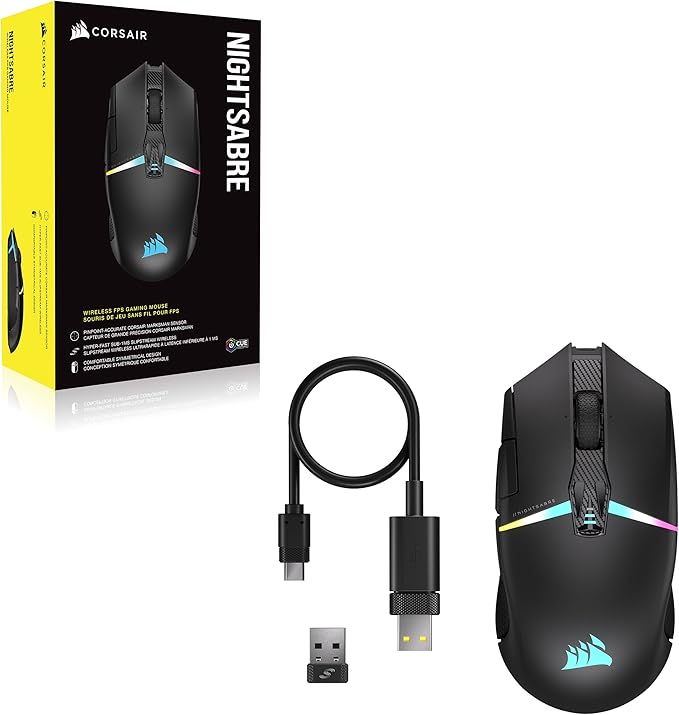 Corsair NIGHTSABRE RGB Wireless Gaming Mouse for FPS, MOBA - 26,000 DPI - 11 Programmable Buttons - Up to 100hrs Battery - iCUE Compatible - Black