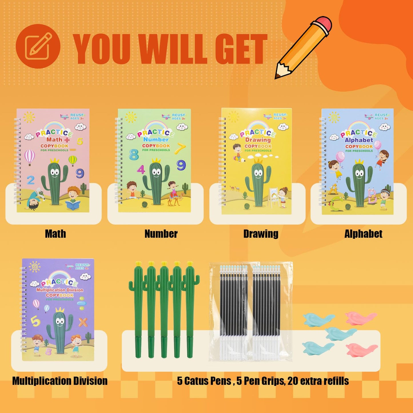 Upgraded Large Size Magic Practice Copybook for Kids, Reusable Grooved Handwriting Practice Book for Preschool Kids Age 3-8 Calligraphy with Catus Pens & Storage Bag (5PCS 7.3 * 10.3 inch)