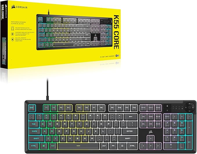 Corsair K55 CORE RGB Membrane Wired Gaming Keyboard – Quiet, Responsive Switches – Spill Resistance – Ten-Zone RGB – Media Keys – iCUE Compatible – QWERTY NA – PC, Mac – Gray