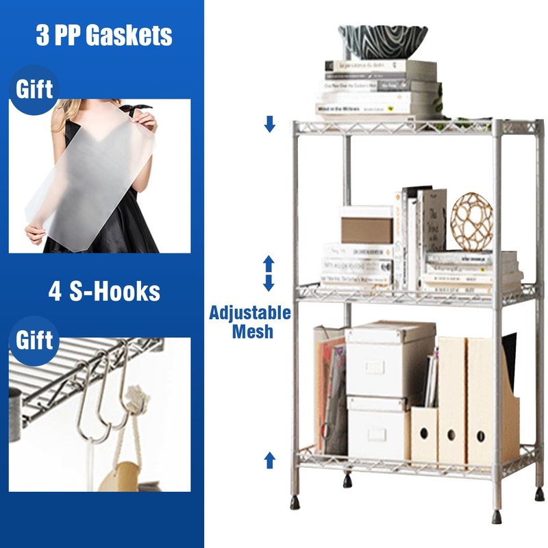 3-Tier Wire Shelving Unit, 1000 lbs Capacity, Adjustable Metal Storage Shelves for Kitchen, Pantry, Garage & Warehouse, Heavy-Duty Steel Organizer (Silver，Easy Assembly)