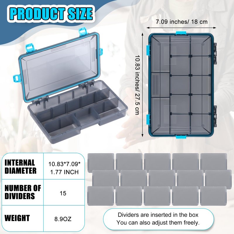 Wonderjune 6 Pack Fishing Tackle Boxes Waterproof 3600 and 3700 Tackle Trays with Removable Dividers Plastic Storage Organizer Bait Vault Camouflage Box for Freshwater Saltwater (Blue,3600)