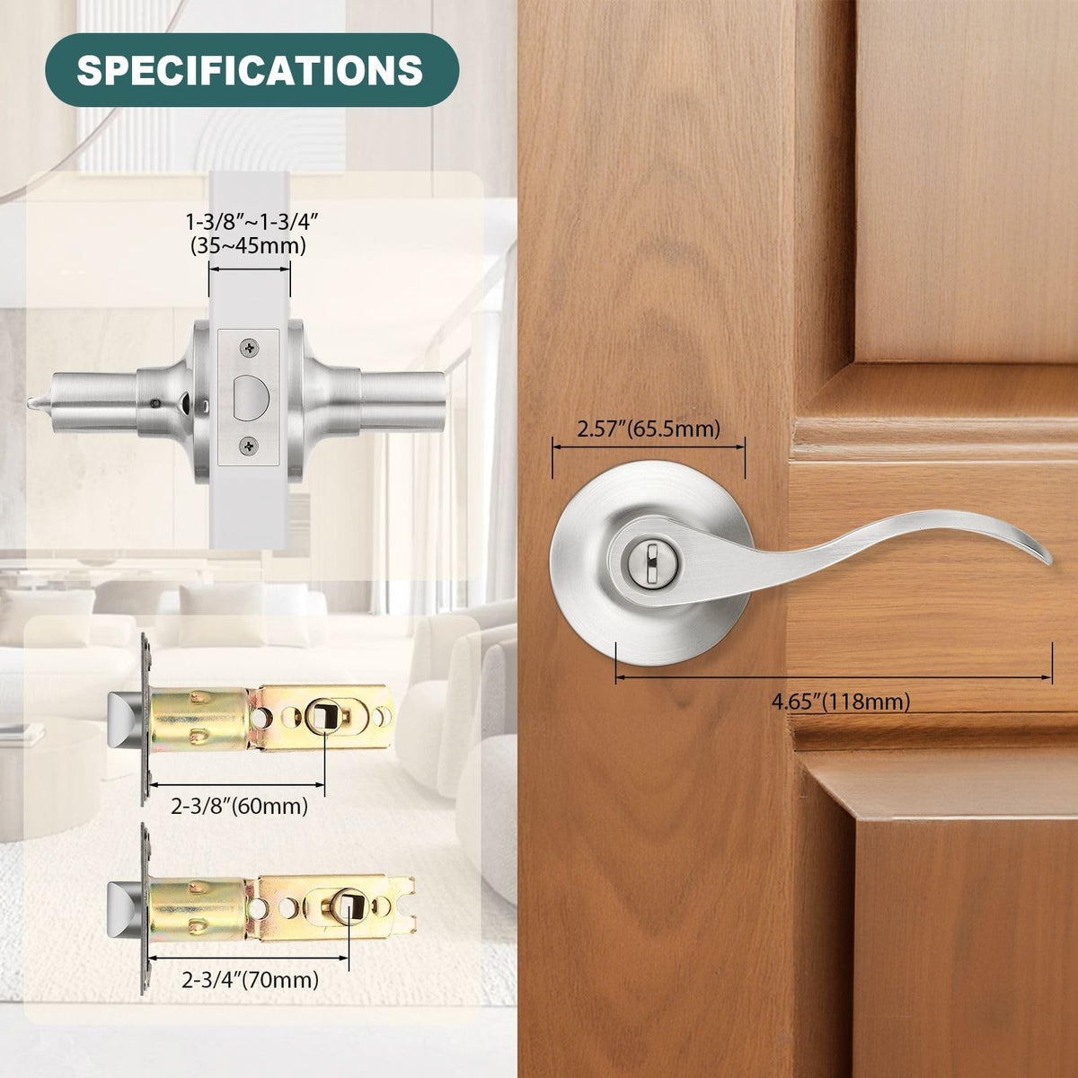 GOBEKOR 10 Pack Privacy Door Levers Bedroom Door Handle with Lock Satin Nickel Interior Door Handles Keyless Door Lock Wave Bed/Bath Lever