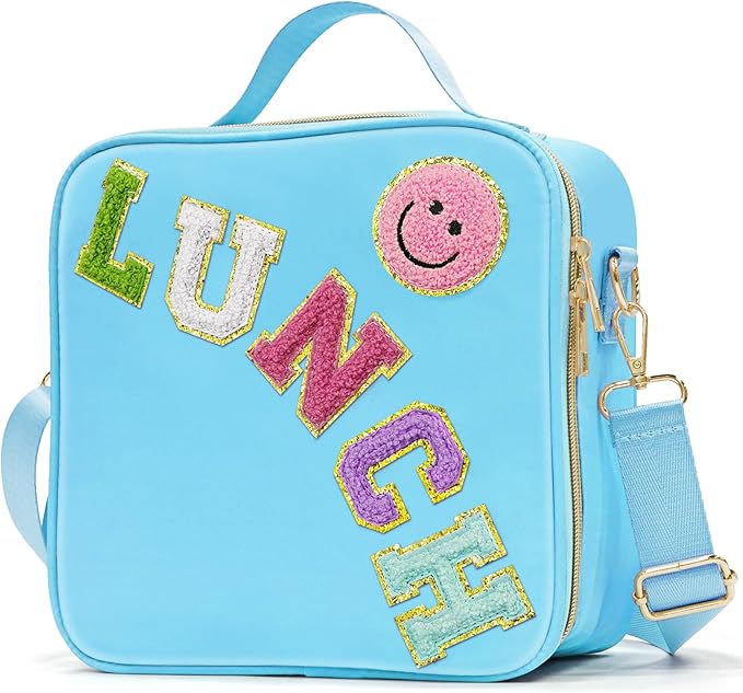 Insulated Lunch Bag Women Lunch Box Kids for Teen Girls Boys, Cute Preppy Lunch Boxes With Adjustable Shoulder Strap, Waterproof Nylon Lunchbox Lunch Bags for School Work Picnic (Blue)
