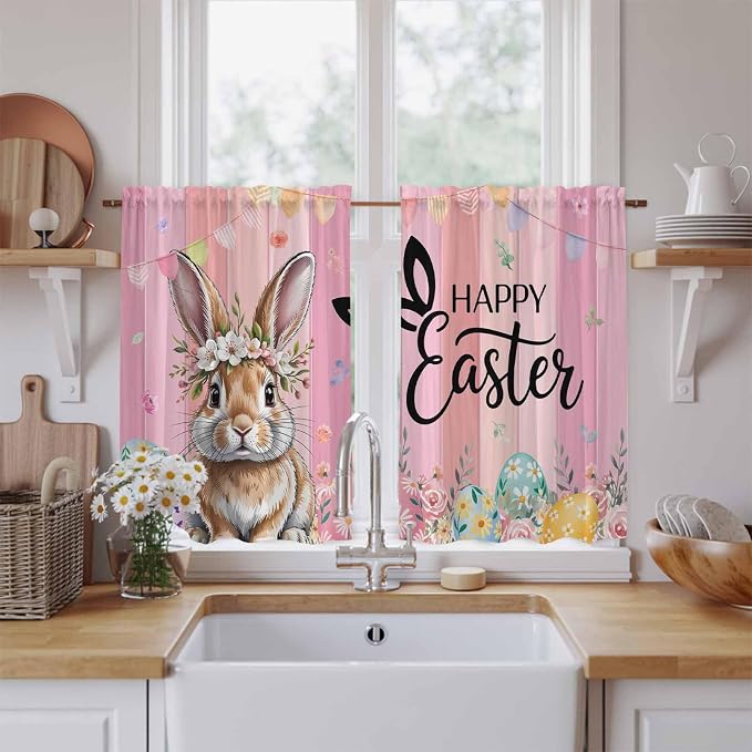 Easter Tier Curtains, Spring Rabbit Eggs Flowers Flags Leaves Wood Grain Light
