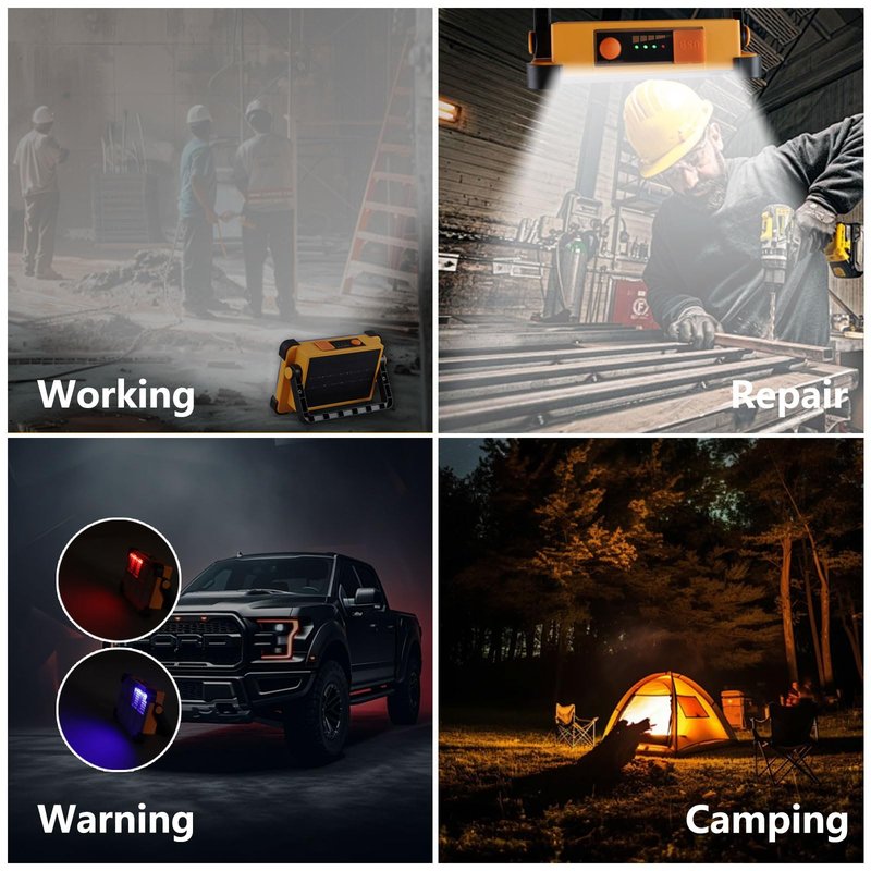 120W Solar Rechargeable Work Light, 144 LED 10000LM Portable Flood Light with Stand, IP66 Waterproof 4 Modes LED Job Site Lighting Flashlights for Mechanic Camping Fishing Car Repair
