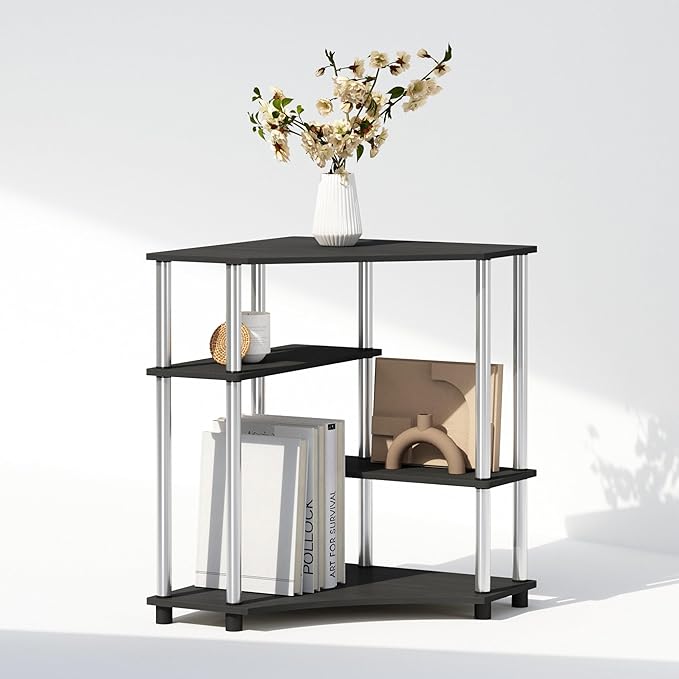 Furinno Turn-N-Tube Storage Shelves, 4-Tier Corner Shelf, Display Rack, Corner Bookshelf, for Organization and Storage, Living Room, Home Office, Americano