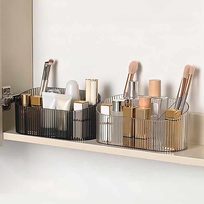 DASITON Large Capacity Makeup Brush Holder,5 Slot Makeup Brush Holder,Vintage striped Make Up Brush Holder,for Vanity Decor,Bathroom Countertops,Desk Storage Container,Cosmetic Display cases(Clear)