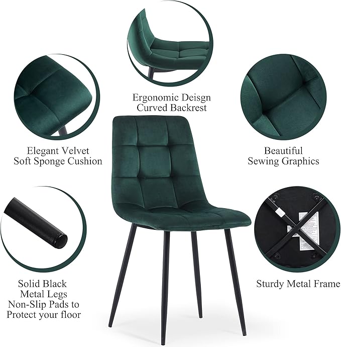 5 PCS Dining Room Table Set, Grey Kitchen Table with Hooks for Hanging, Thick MDF Tabletop, 4 Dark Green Velvet Living Room Chairs