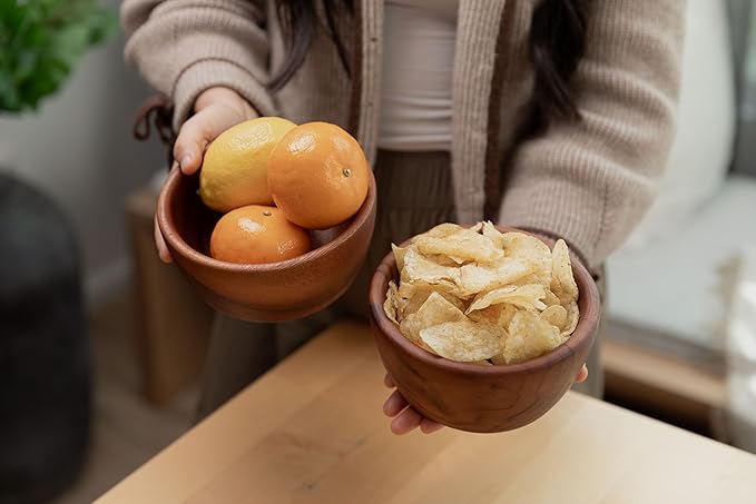 Acacia Wooden Salad Bowls (Set of 2): 6" x 3" Individual Wood Serving Bowls for Fruits, Cereal, Salads or Snacks - Handmade from a Single Organic Piece of Acacia Wood, Food Safe