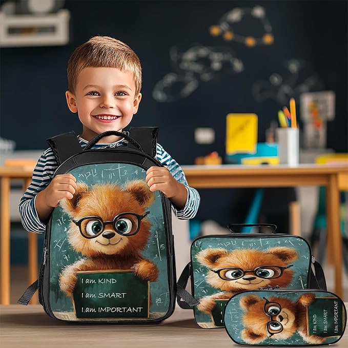 Funny Bear Backpack Set 3 Piece School Bags and Lunch Box with Pencil Case Cute Brown Bear Bookbag Set for Toddler Kids Girls Boys Teens Kindergarten Elementary Middle