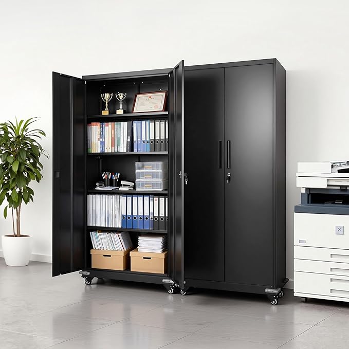VEVOR Metal Storage Cabinet, 72.6 in Rolling Steel Garage Cabinet with 4 Adjustable Shelves, 2 Magnetic Doors & 2 Keys, 5 Tiers Lockable Tool Storage for Pantry, Warehouse, Basement, Office, Black