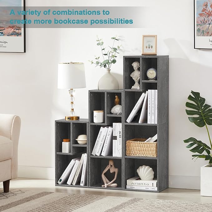 VECELO Small Bookshelf, 3 Cube Shelf, Fits Tallest Hardcovers, Horizontal Available, Modern Storage Organzier for Small Spaces,Gray
