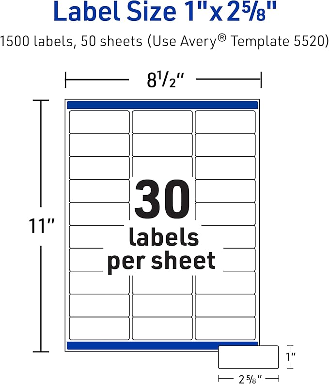 Avery Durable Waterproof Address Labels with Sure Feed Technology, 1" x 2-5/8", White, Laser & Pigment-Inkjet Compatible, 1,500 Blank Labels per Pack (5-Pack of 5520)