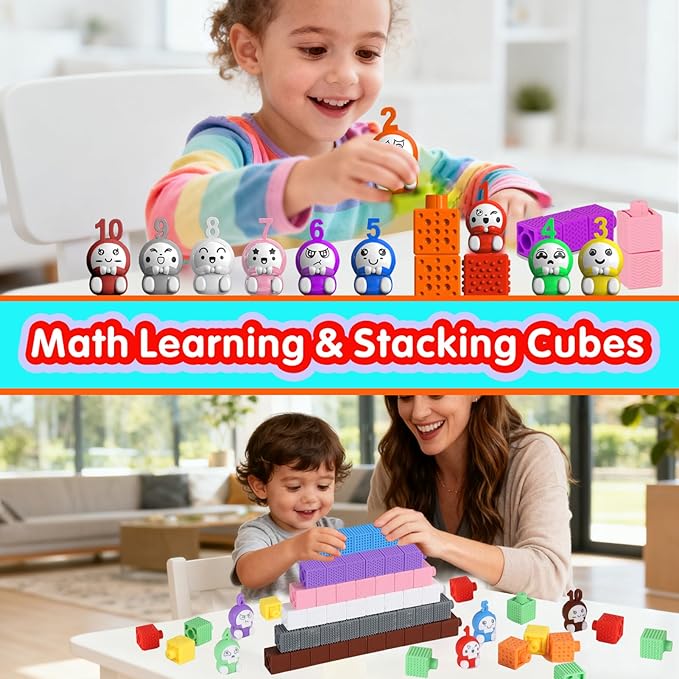 Number Learning Sensory Stacking Cubes: 65PCS Soft Number Counting Blocks for Toddlers Ages 3-6 - STEM Math Learning Toys with 1-10 Figurines, Preschool Sensory Activities for Kids Boys & Girls