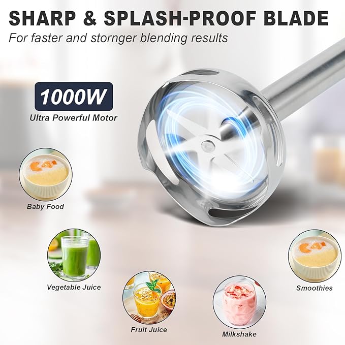 freebala Immersion Blender, 4 in 1 Hand Bender Max 1000W, 5 Speeds & Turbo with Copper Motor Stainless Steel Blade, Handheld Blender Stick Mixer with Egg Whisk, 700ml Beaker & 500ml Chopper Bowl
