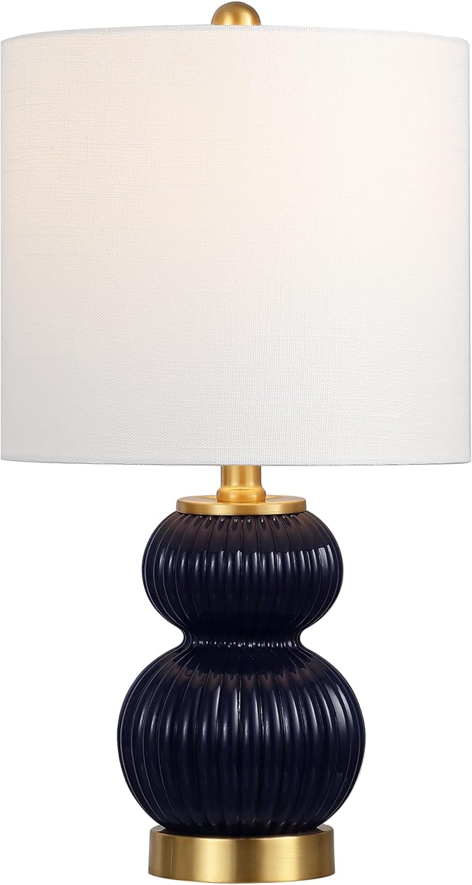 JONATHAN Y 20" Navy/Brass Gold Ribbed Gourd Glass Table Lamp, Modern Bedside Lamp for Bedroom Living Room, White Linen Drum Shade, LED Bulb Included (JYL1099D)