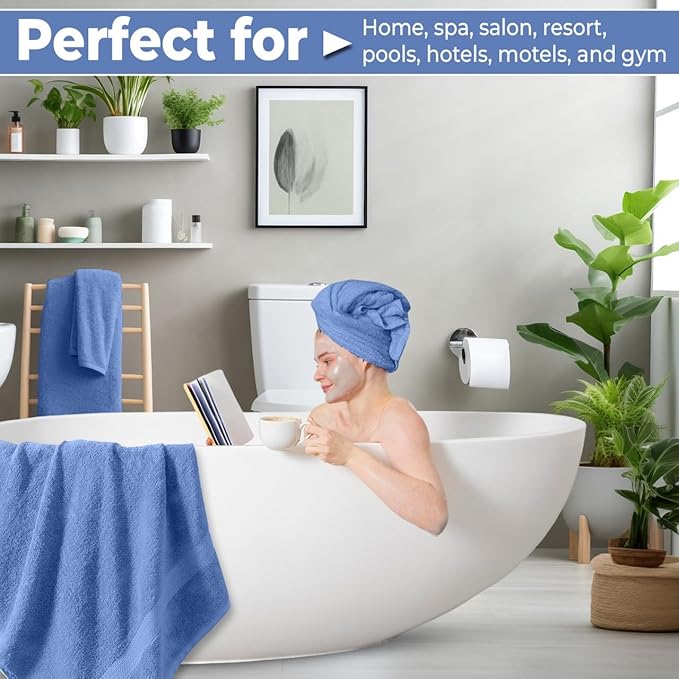 Pack of 8 Towels Set, 2 Large Bath Towels, 2 Hand Towels, 4 Wash Cloths, 100% Cotton, Lighter Weight, Quicker to Dry, Super Absorbent, Perfect for Bathroom (Blue)