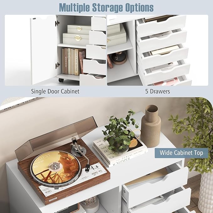 5-Drawer Wood Drawer Cabinet, Office Storage Cabinet with Adjustable Shelf & Wheels, Printer Stand for Home Office, White, 15.7" D x 30.7" W x 25.4" H